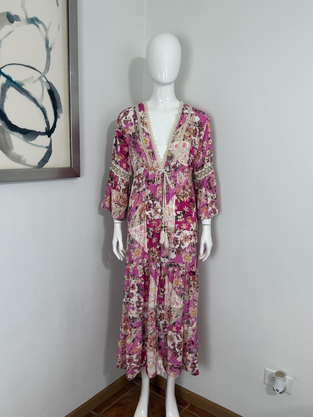 Made in Italy Pink Patchwork Floral Maxi Dress Boho Bell Sleeve Tiered S/M